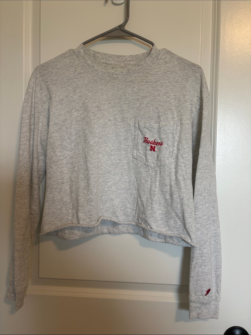 League Light Gray Cropped Long-Sleeve Pocket Tee with Red Embroidered Logo